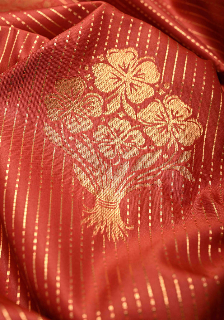 Pumpkin Orange Dual Tone Vertical Stripes on Kanchi Semi Silk Saree with Zari Buttas  and Contrast Zari Border