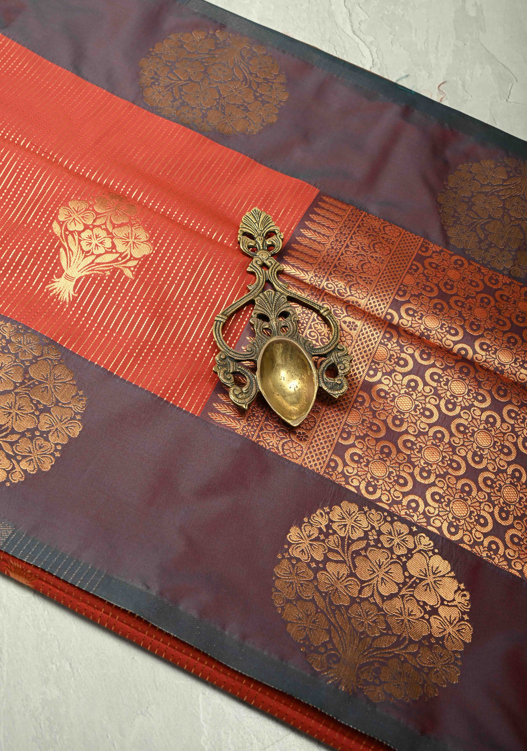 Pumpkin Orange Dual Tone Vertical Stripes on Kanchi Semi Silk Saree with Zari Buttas  and Contrast Zari Border