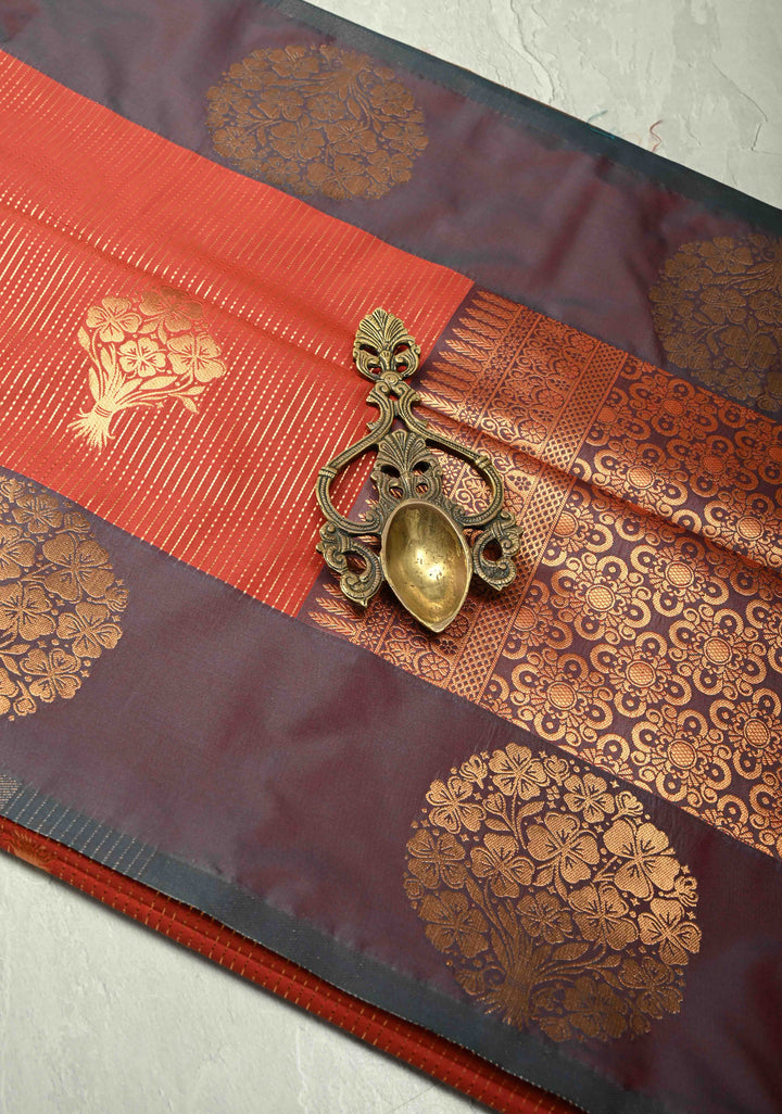 Pumpkin Orange Dual Tone Vertical Stripes on Kanchi Semi Silk Saree with Zari Buttas  and Contrast Zari Border