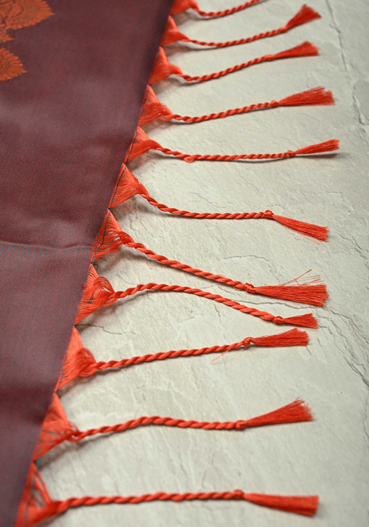 Vermilion Red Vertical Zari Stripes on Kanchi Semi Silk Saree with Floral Buttas and Distinct Motifs on Contrast Border