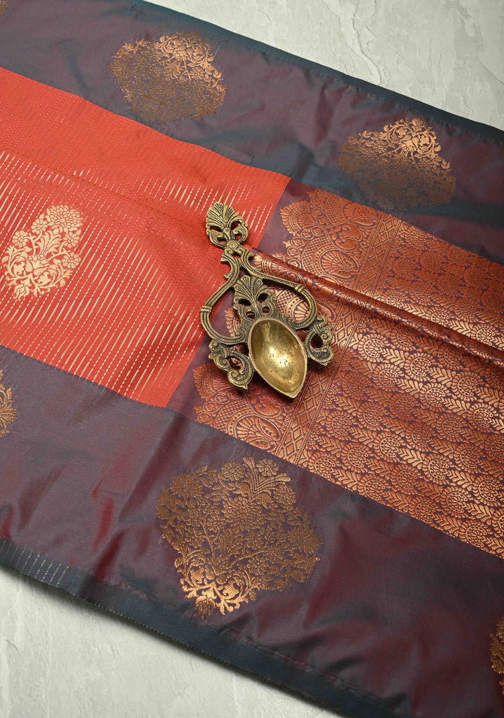 Vermilion Red Vertical Zari Stripes on Kanchi Semi Silk Saree with Floral Buttas and Distinct Motifs on Contrast Border
