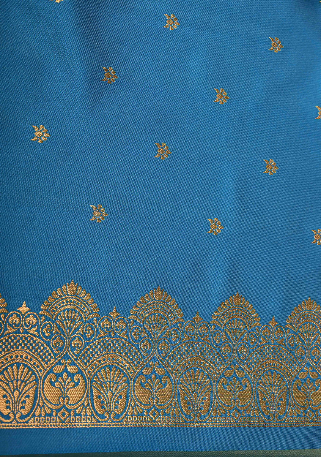 Sage Green-Blue Dual tone Vertical Zari Stripes on Kanchi Semi Silk Saree with Floral Buttas and Distinct Motifs on Contrast Border