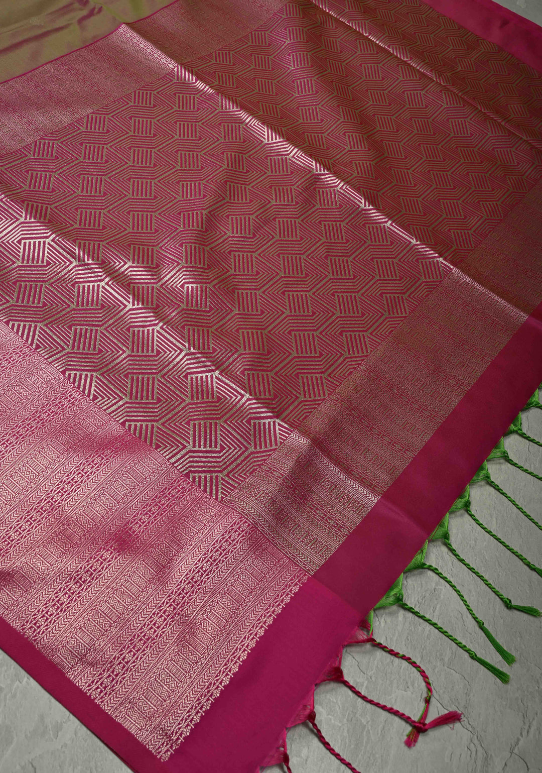 Green-Pink Dual Tone Kanchi Semi Silk Saree with Silver Zari Buttas  and Contrast Wide Zari Border