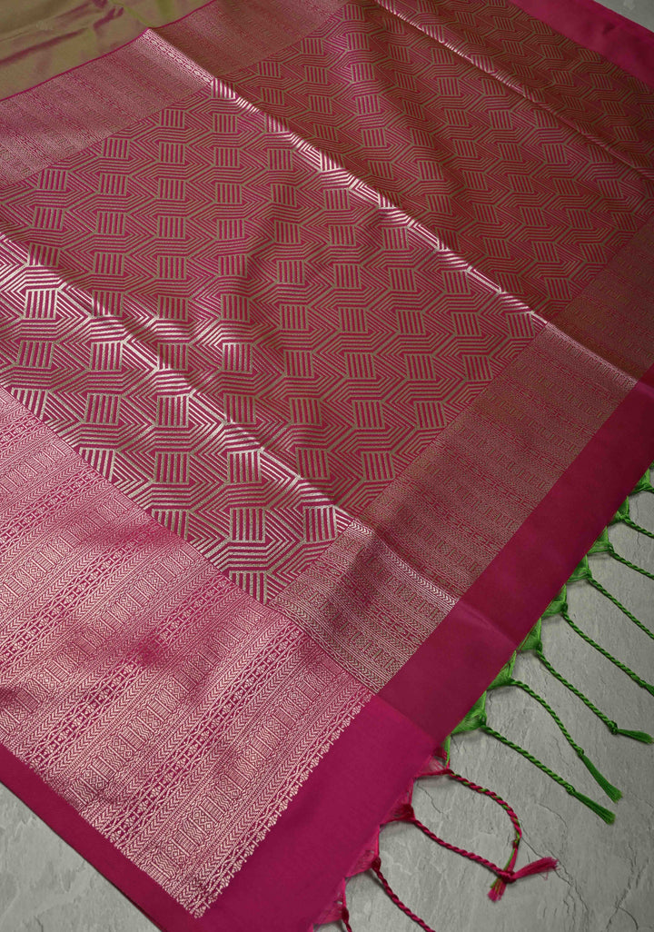 Green-Pink Dual Tone Kanchi Semi Silk Saree with Silver Zari Buttas  and Contrast Wide Zari Border