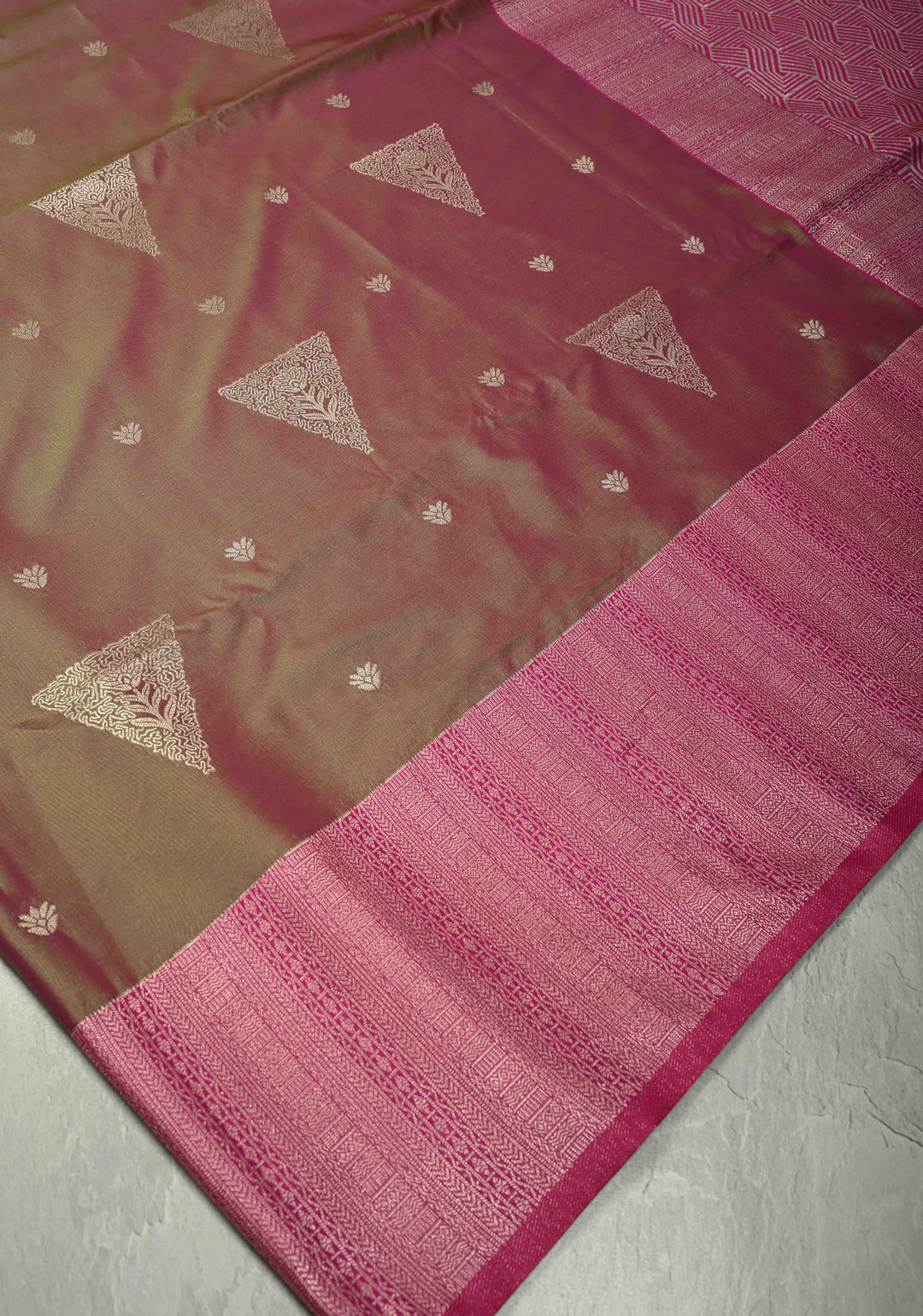 Green-Pink Dual Tone Kanchi Semi Silk Saree with Silver Zari Buttas  and Contrast Wide Zari Border