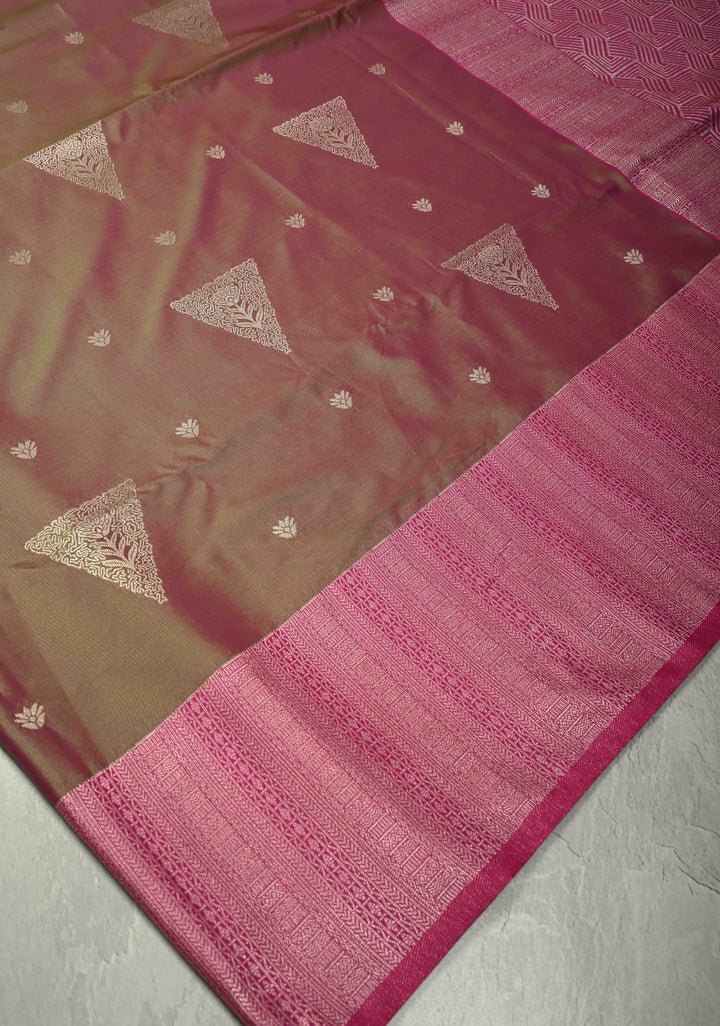 Green-Pink Dual Tone Kanchi Semi Silk Saree with Silver Zari Buttas  and Contrast Wide Zari Border