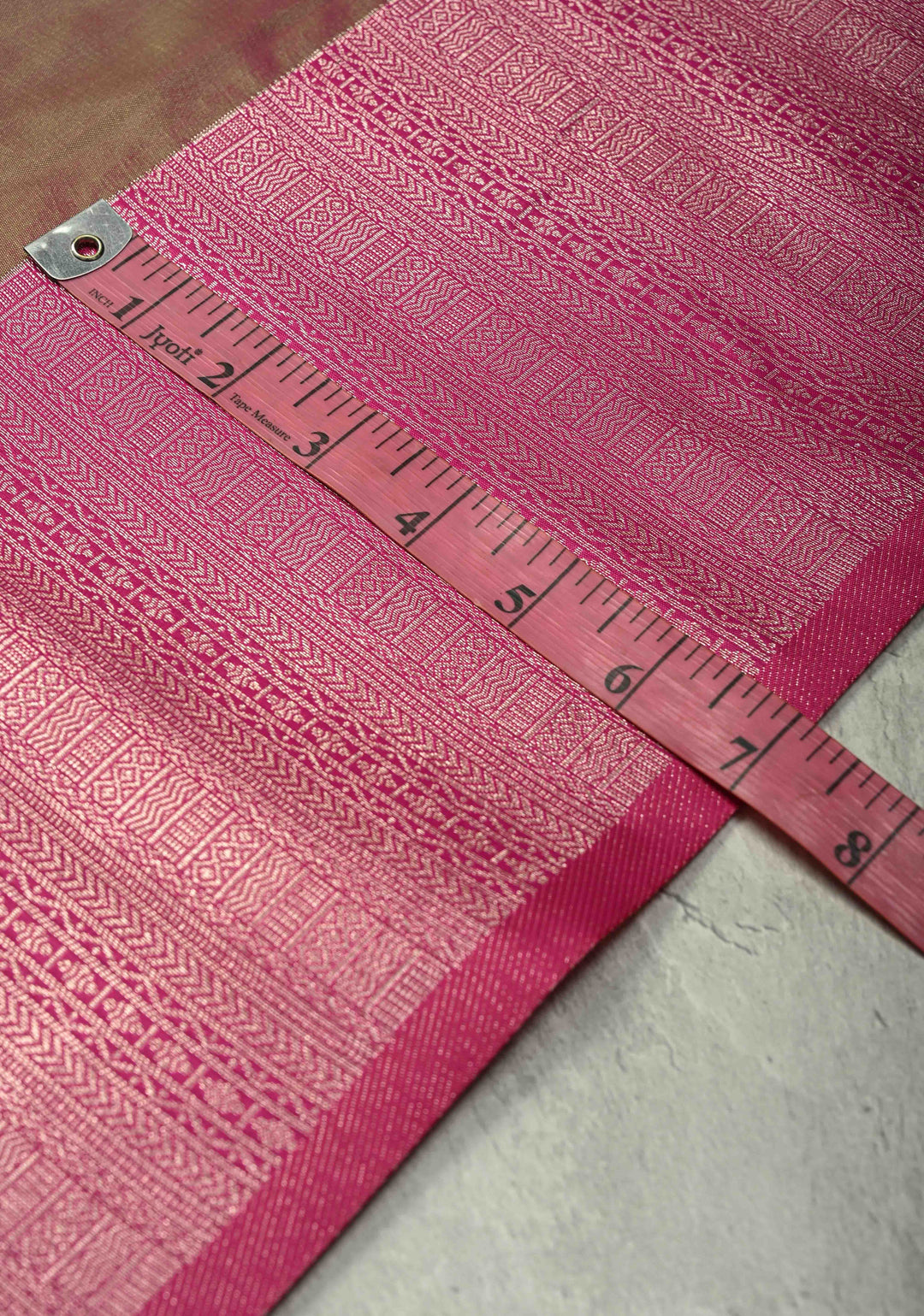 Green-Pink Dual Tone Kanchi Semi Silk Saree with Silver Zari Buttas  and Contrast Wide Zari Border