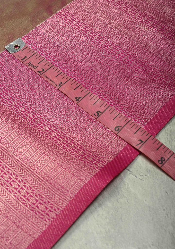 Green-Pink Dual Tone Kanchi Semi Silk Saree with Silver Zari Buttas  and Contrast Wide Zari Border