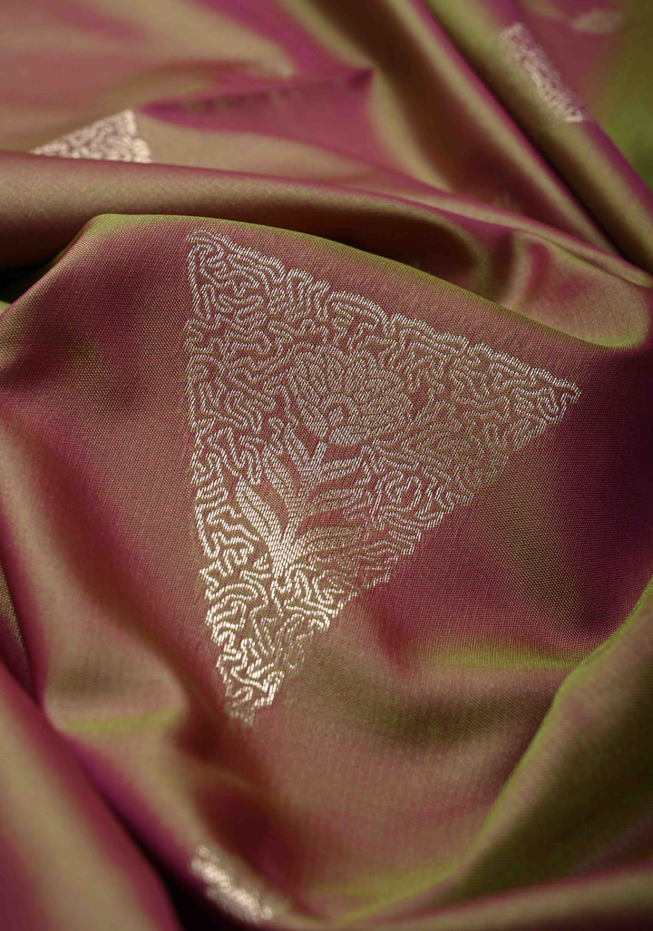Green-Pink Dual Tone Kanchi Semi Silk Saree with Silver Zari Buttas  and Contrast Wide Zari Border