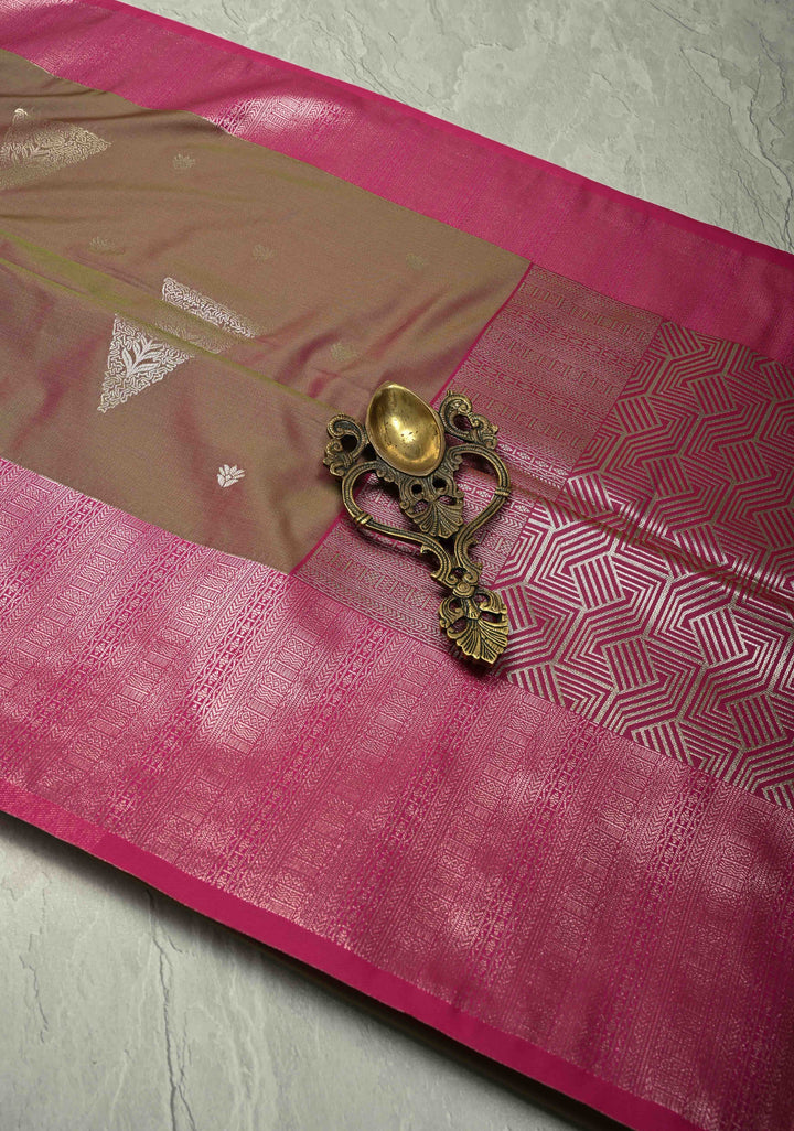 Green-Pink Dual Tone Kanchi Semi Silk Saree with Silver Zari Buttas  and Contrast Wide Zari Border