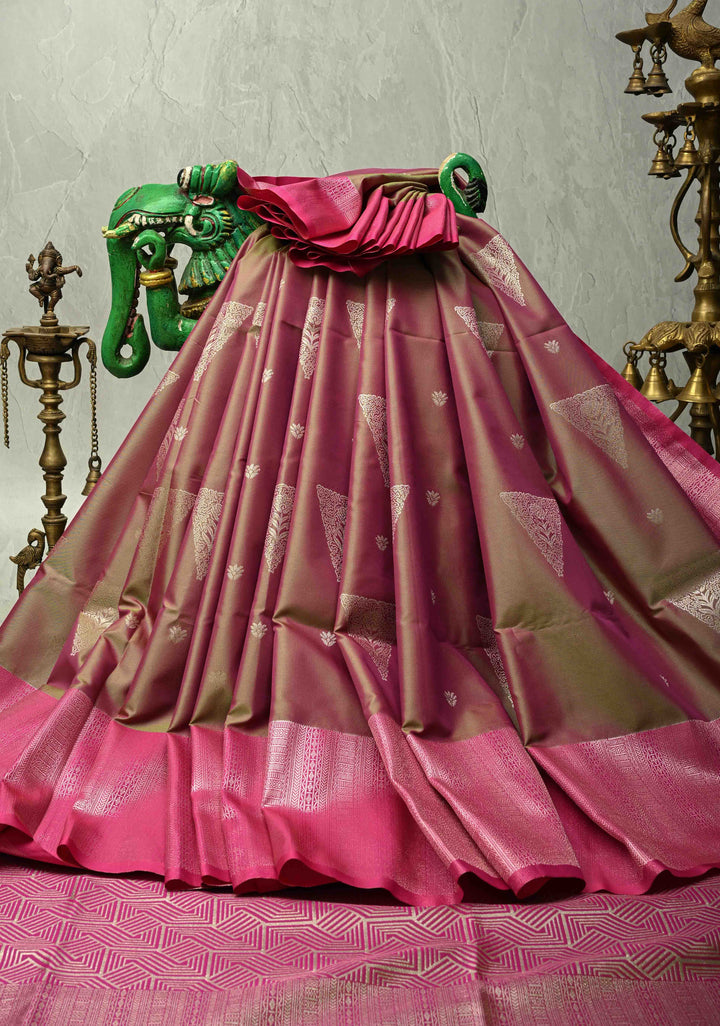 Green-Pink Dual Tone Kanchi Semi Silk Saree with Silver Zari Buttas  and Contrast Wide Zari Border