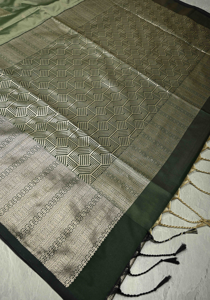 Sage Green Kanchi Semi Silk Saree with Triangle Zari Buttas and Zari Border
