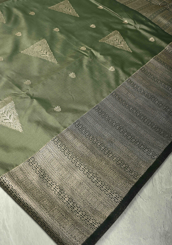 Sage Green Kanchi Semi Silk Saree with Triangle Zari Buttas and Zari Border