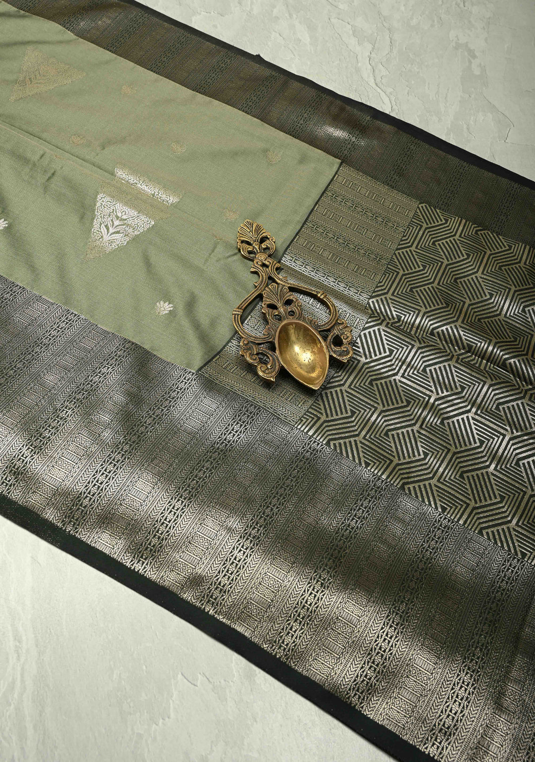 Sage Green Kanchi Semi Silk Saree with Triangle Zari Buttas and Zari Border