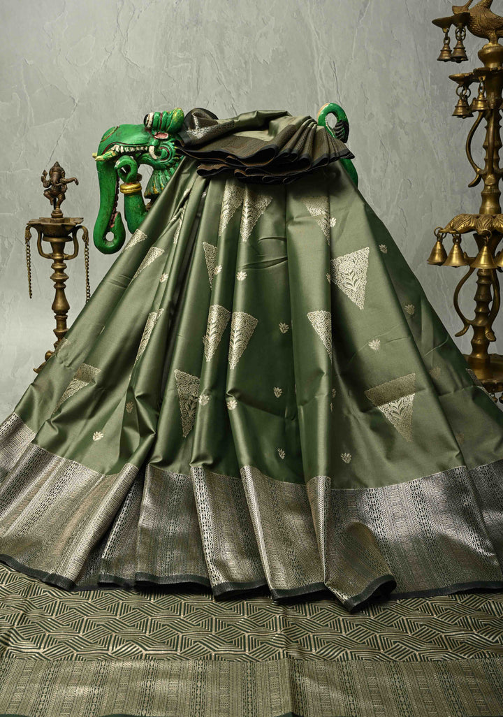 Sage Green Kanchi Semi Silk Saree with Triangle Zari Buttas and Zari Border