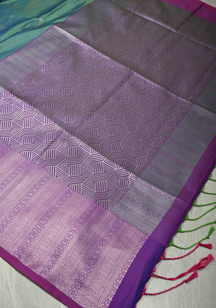 Teal Dual Tone Kanchi Semi Silk Saree with Silver Zari Buttas and Contrast Wide Zari Border