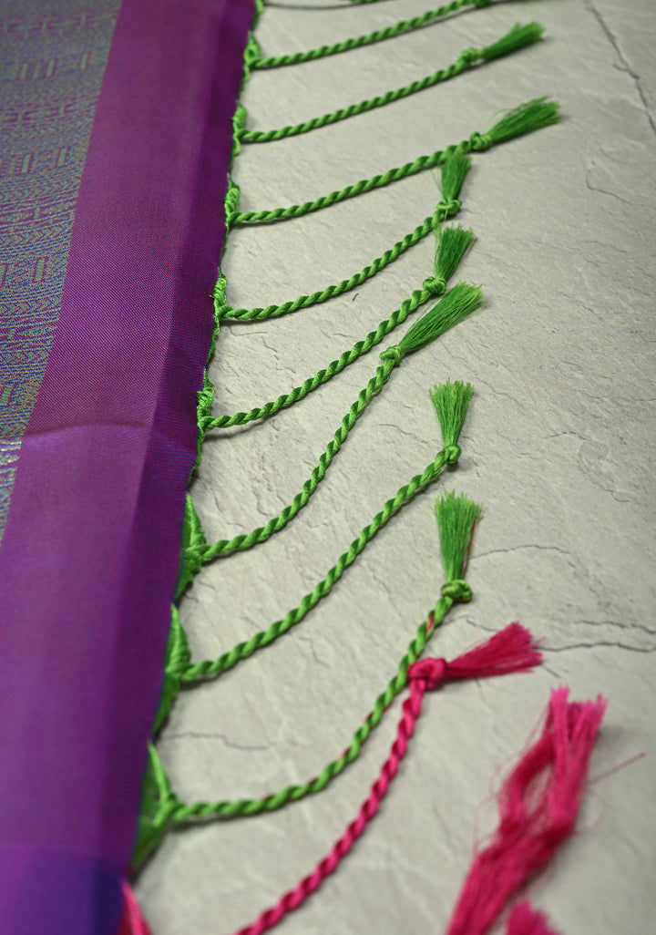 Teal Dual Tone Kanchi Semi Silk Saree with Silver Zari Buttas and Contrast Wide Zari Border