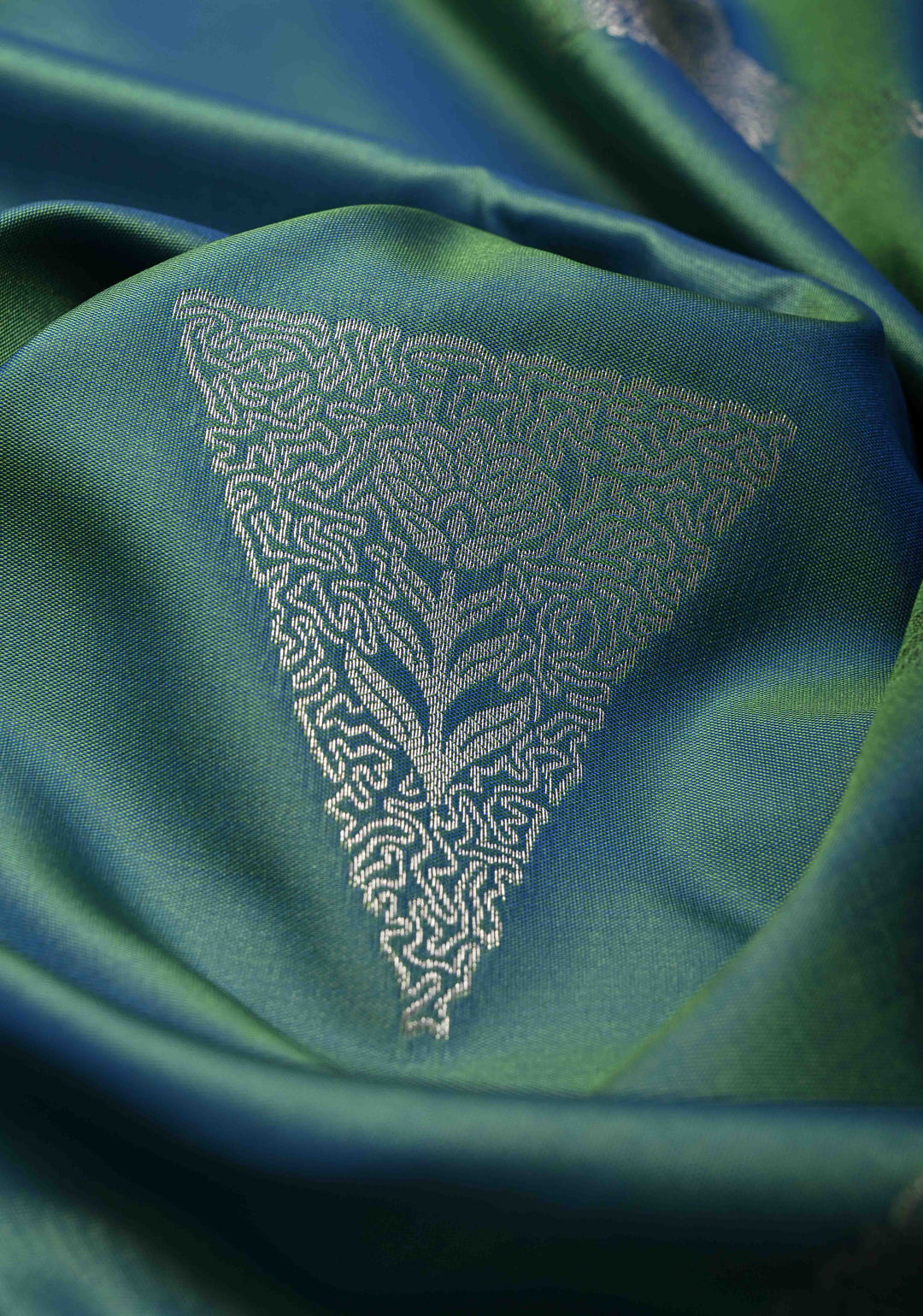 Teal Dual Tone Kanchi Semi Silk Saree with Silver Zari Buttas and Contrast Wide Zari Border