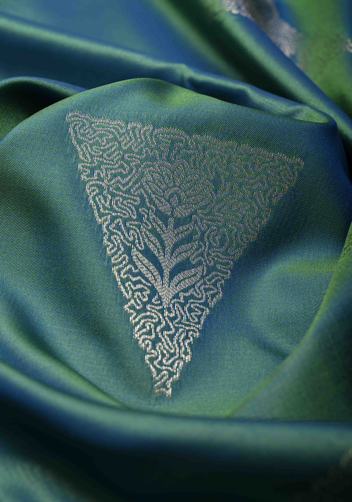 Teal Dual Tone Kanchi Semi Silk Saree with Silver Zari Buttas and Contrast Wide Zari Border