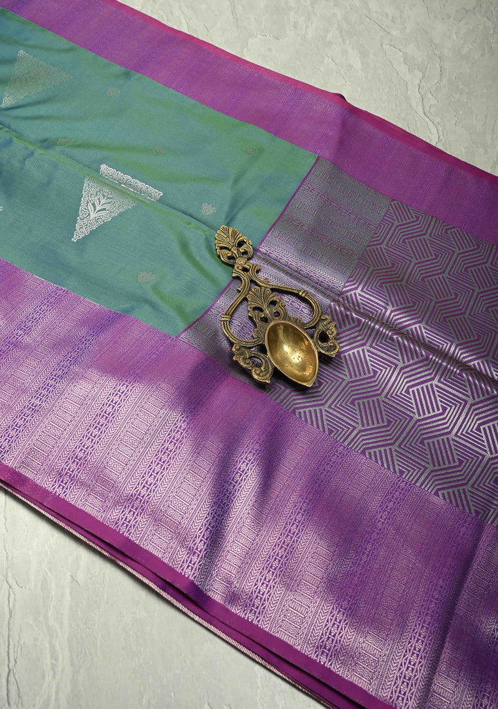 Teal Dual Tone Kanchi Semi Silk Saree with Silver Zari Buttas and Contrast Wide Zari Border