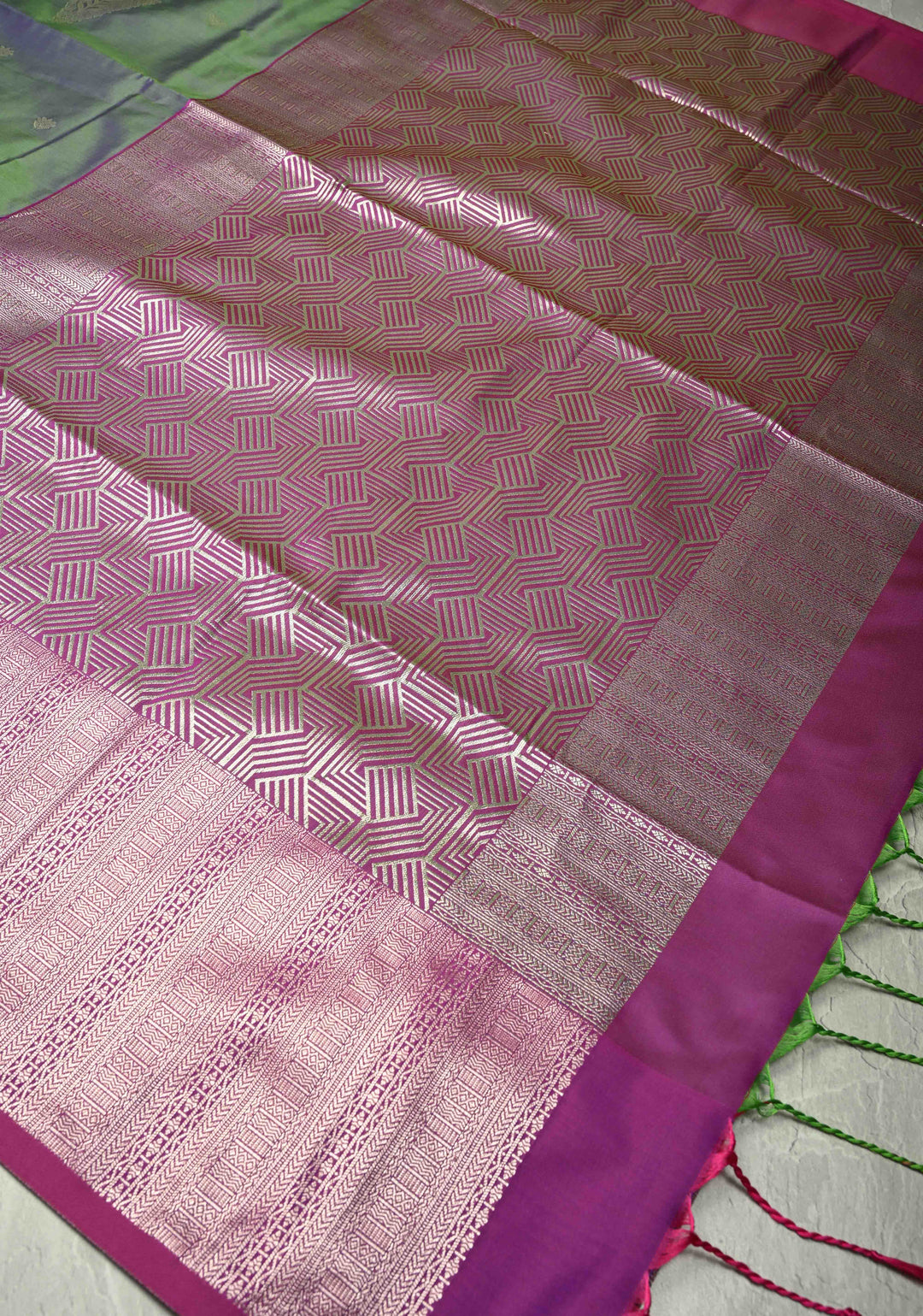 Blue-Green Dual Tone Kanchi Semi Silk Saree with Silver Zari Buttas  and Contrast Wide Zari Border