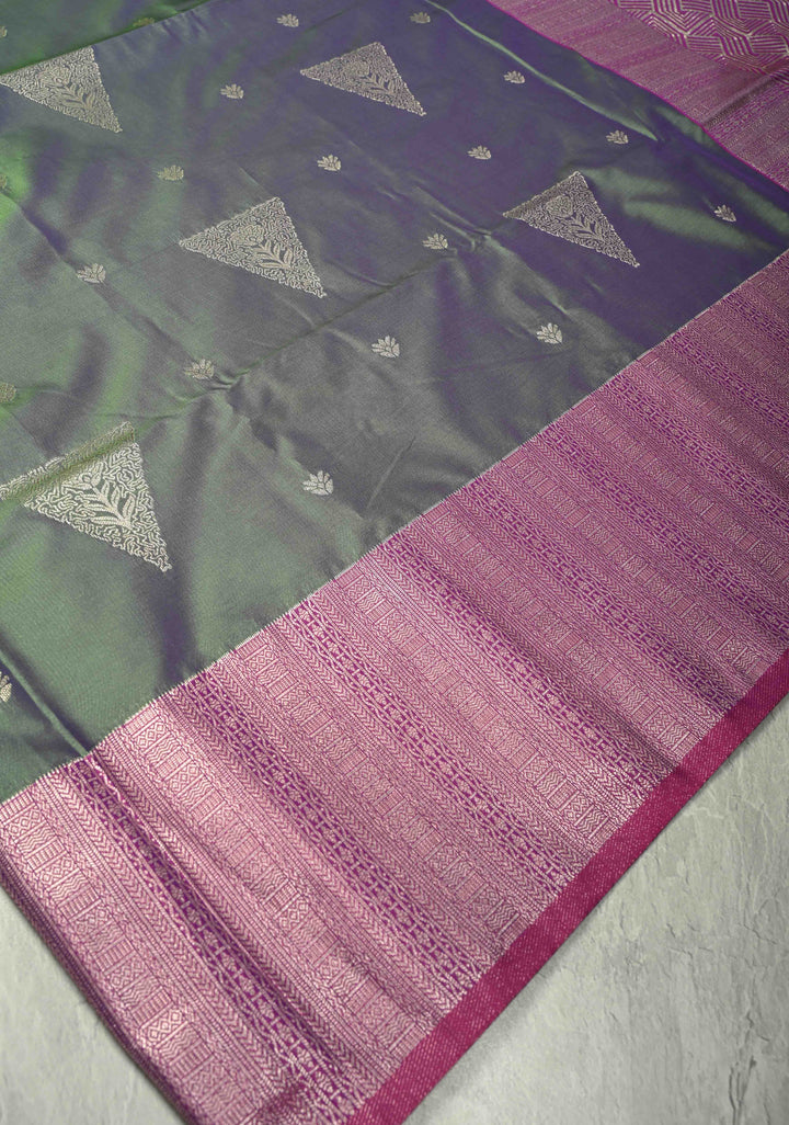 Blue-Green Dual Tone Kanchi Semi Silk Saree with Silver Zari Buttas  and Contrast Wide Zari Border