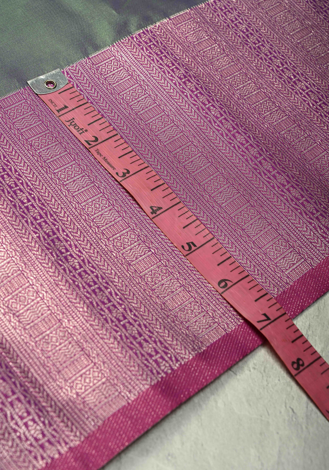 Blue-Green Dual Tone Kanchi Semi Silk Saree with Silver Zari Buttas  and Contrast Wide Zari Border