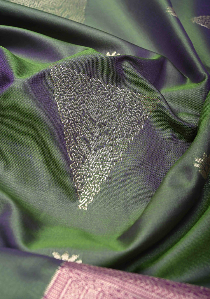 Blue-Green Dual Tone Kanchi Semi Silk Saree with Silver Zari Buttas  and Contrast Wide Zari Border