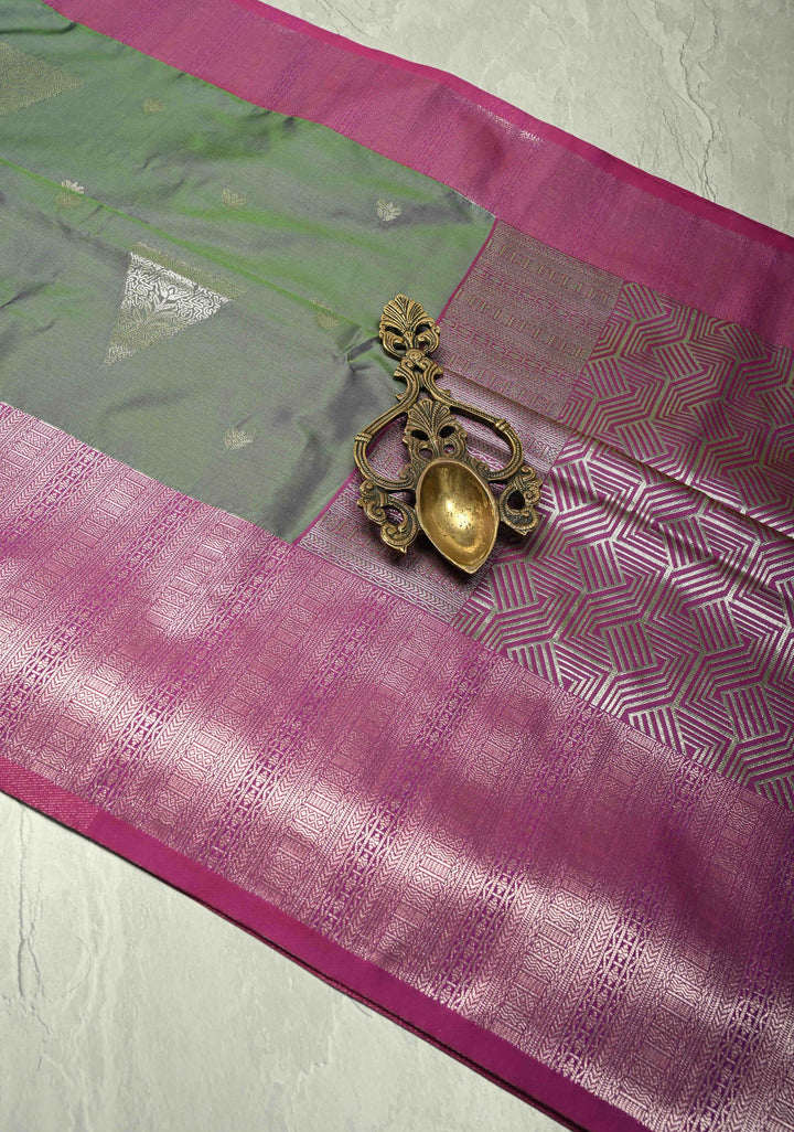 Blue-Green Dual Tone Kanchi Semi Silk Saree with Silver Zari Buttas  and Contrast Wide Zari Border