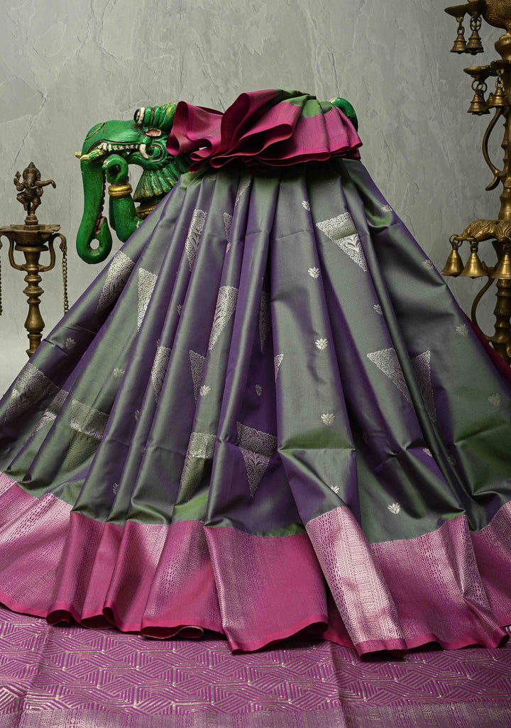 Blue-Green Dual Tone Kanchi Semi Silk Saree with Silver Zari Buttas  and Contrast Wide Zari Border