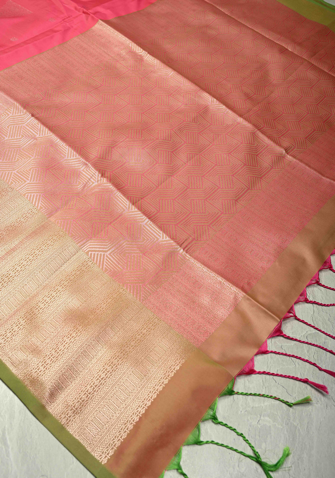 Coral Pink Dual Tone Kanchi Semi Silk Saree with Silver Zari Buttas  and Contrast Wide Zari Border