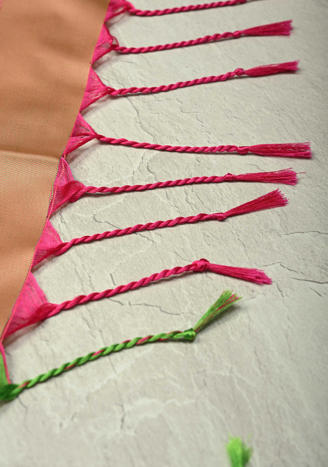 Coral Pink Dual Tone Kanchi Semi Silk Saree with Silver Zari Buttas  and Contrast Wide Zari Border