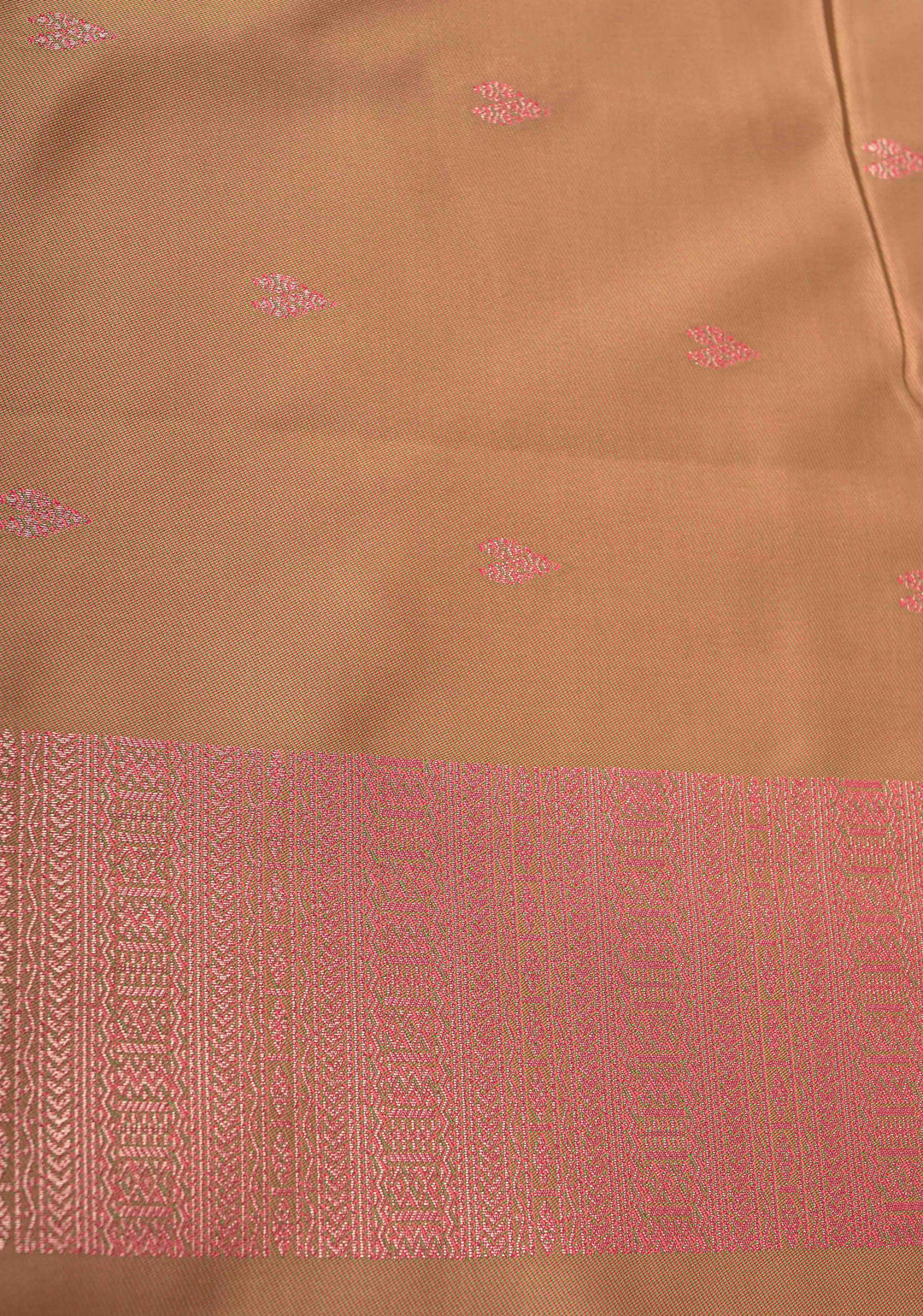 Coral Pink Dual Tone Kanchi Semi Silk Saree with Silver Zari Buttas  and Contrast Wide Zari Border
