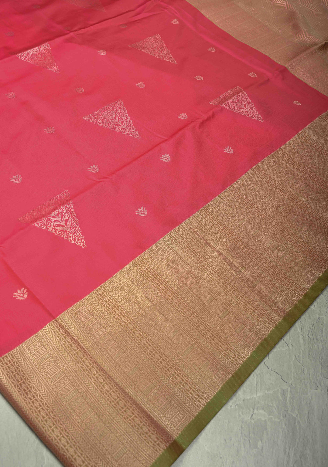 Coral Pink Dual Tone Kanchi Semi Silk Saree with Silver Zari Buttas  and Contrast Wide Zari Border