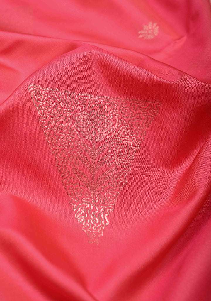 Coral Pink Dual Tone Kanchi Semi Silk Saree with Silver Zari Buttas  and Contrast Wide Zari Border