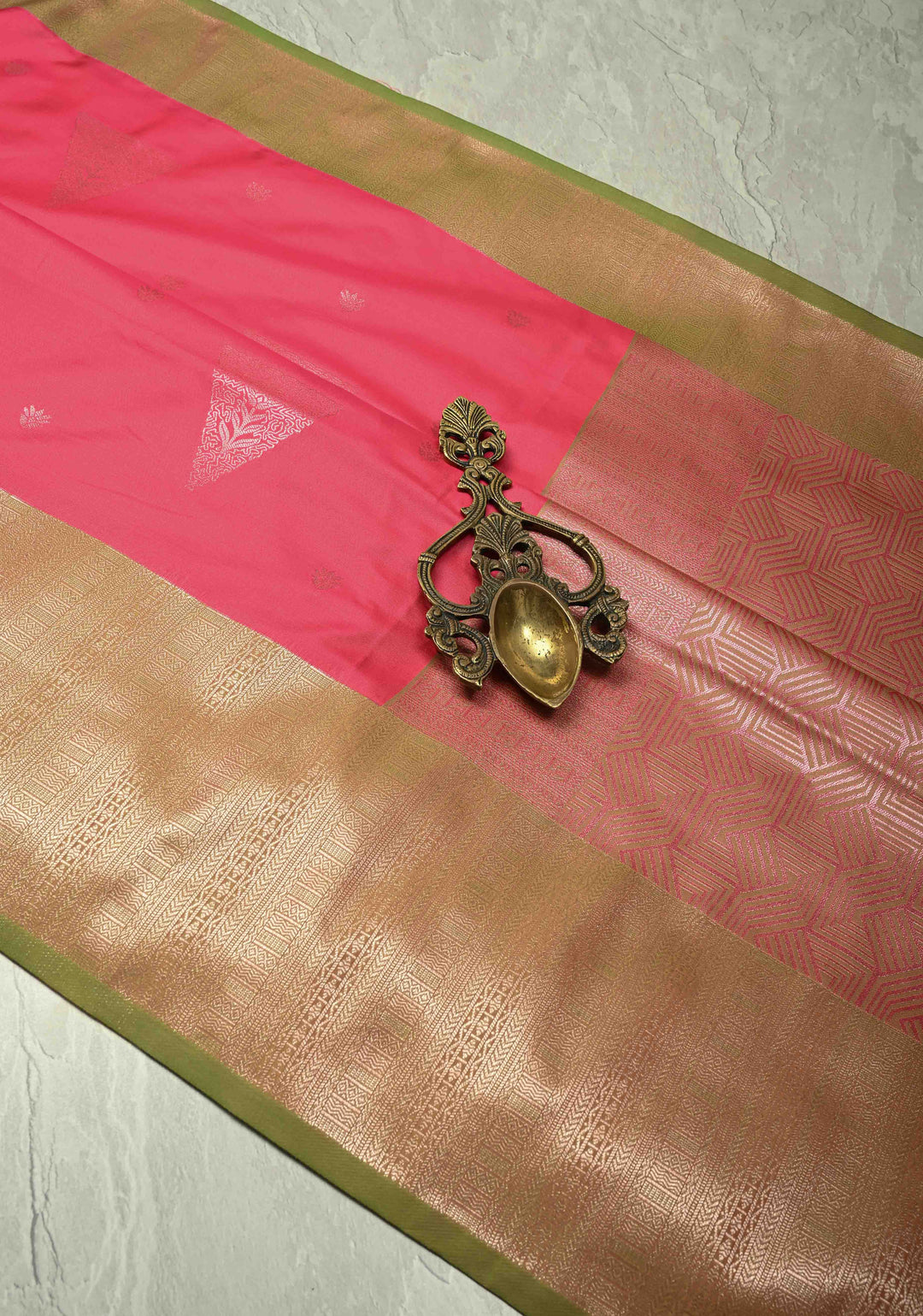 Coral Pink Dual Tone Kanchi Semi Silk Saree with Silver Zari Buttas  and Contrast Wide Zari Border