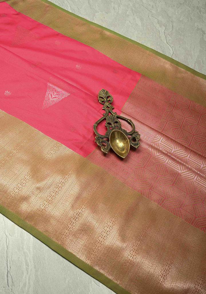 Coral Pink Dual Tone Kanchi Semi Silk Saree with Silver Zari Buttas  and Contrast Wide Zari Border