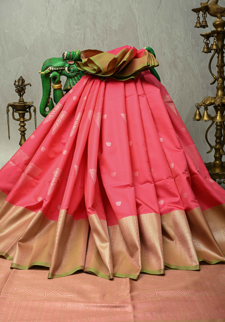 Coral Pink Dual Tone Kanchi Semi Silk Saree with Silver Zari Buttas  and Contrast Wide Zari Border