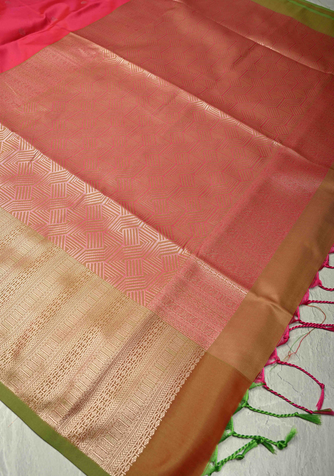 Rani Pink Kanchi Semi Silk Saree with Silver Zari Buttas and Contrast Wide Zari Border