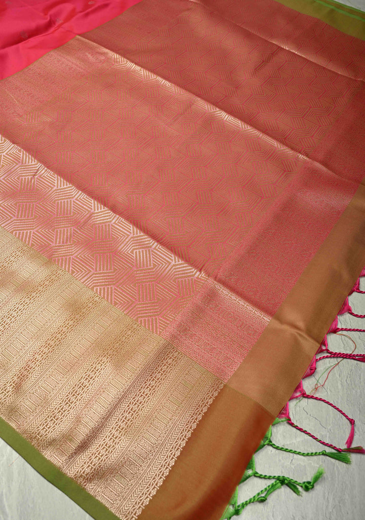 Rani Pink Kanchi Semi Silk Saree with Silver Zari Buttas and Contrast Wide Zari Border