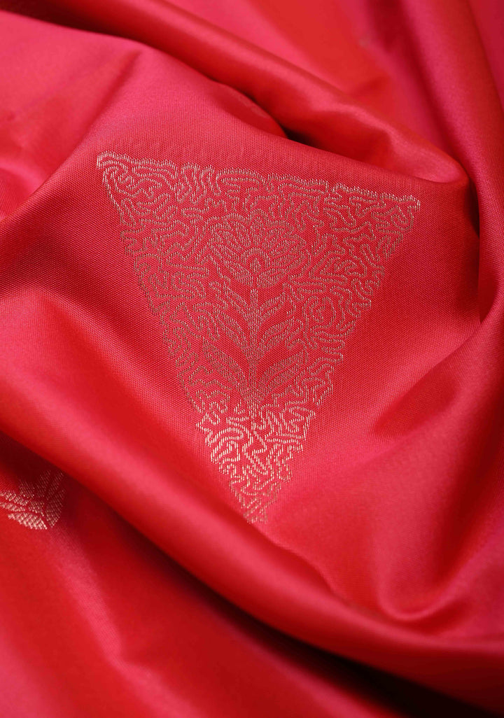 Rani Pink Kanchi Semi Silk Saree with Silver Zari Buttas and Contrast Wide Zari Border