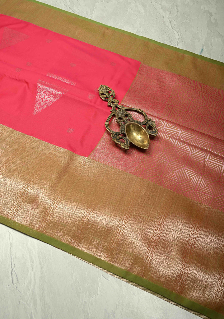 Rani Pink Kanchi Semi Silk Saree with Silver Zari Buttas and Contrast Wide Zari Border