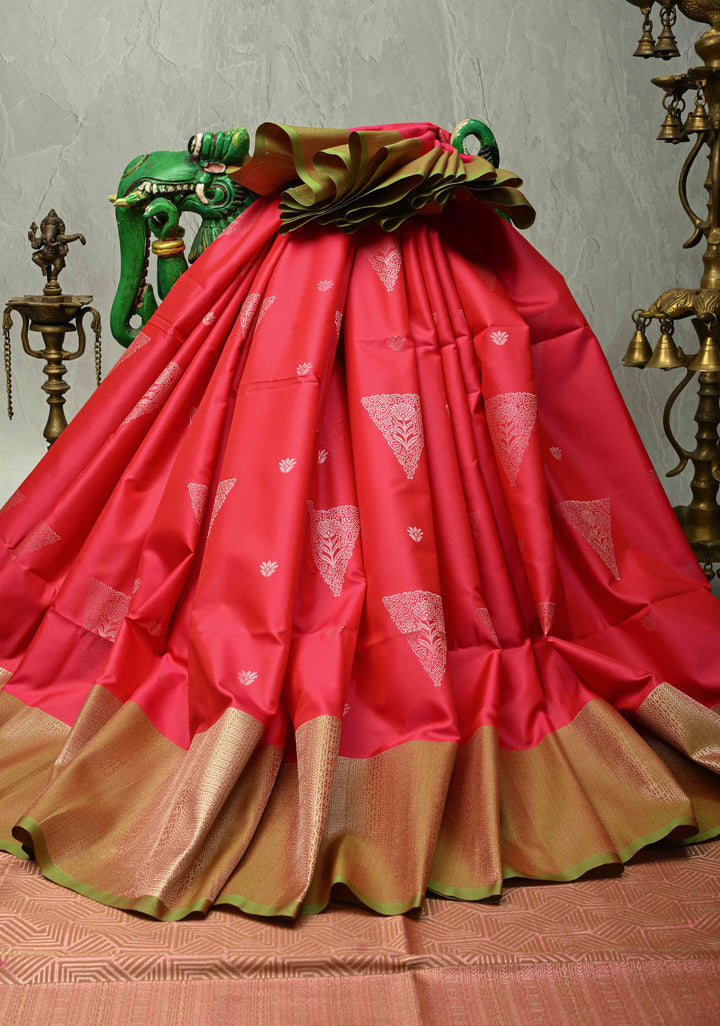 Rani Pink Kanchi Semi Silk Saree with Silver Zari Buttas and Contrast Wide Zari Border