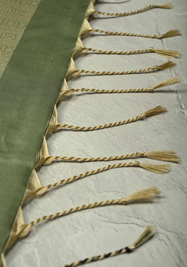 Pista Green Dual Tone Kanchi Semi Silk Saree with Silver Zari Buttas  and Contrast Wide Zari Border