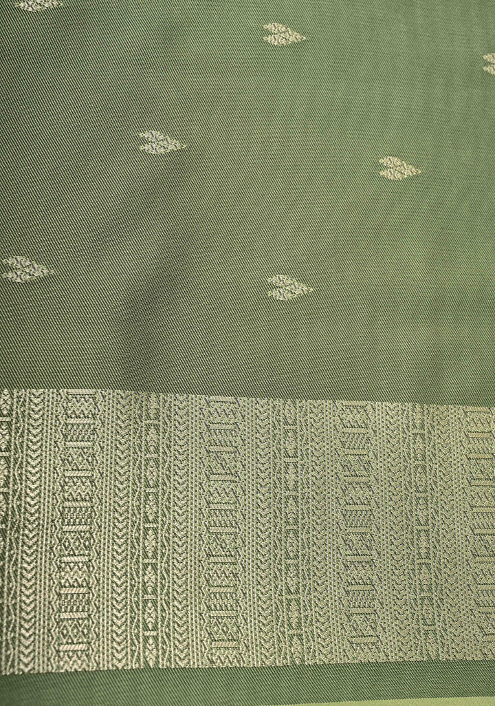 Pista Green Dual Tone Kanchi Semi Silk Saree with Silver Zari Buttas  and Contrast Wide Zari Border