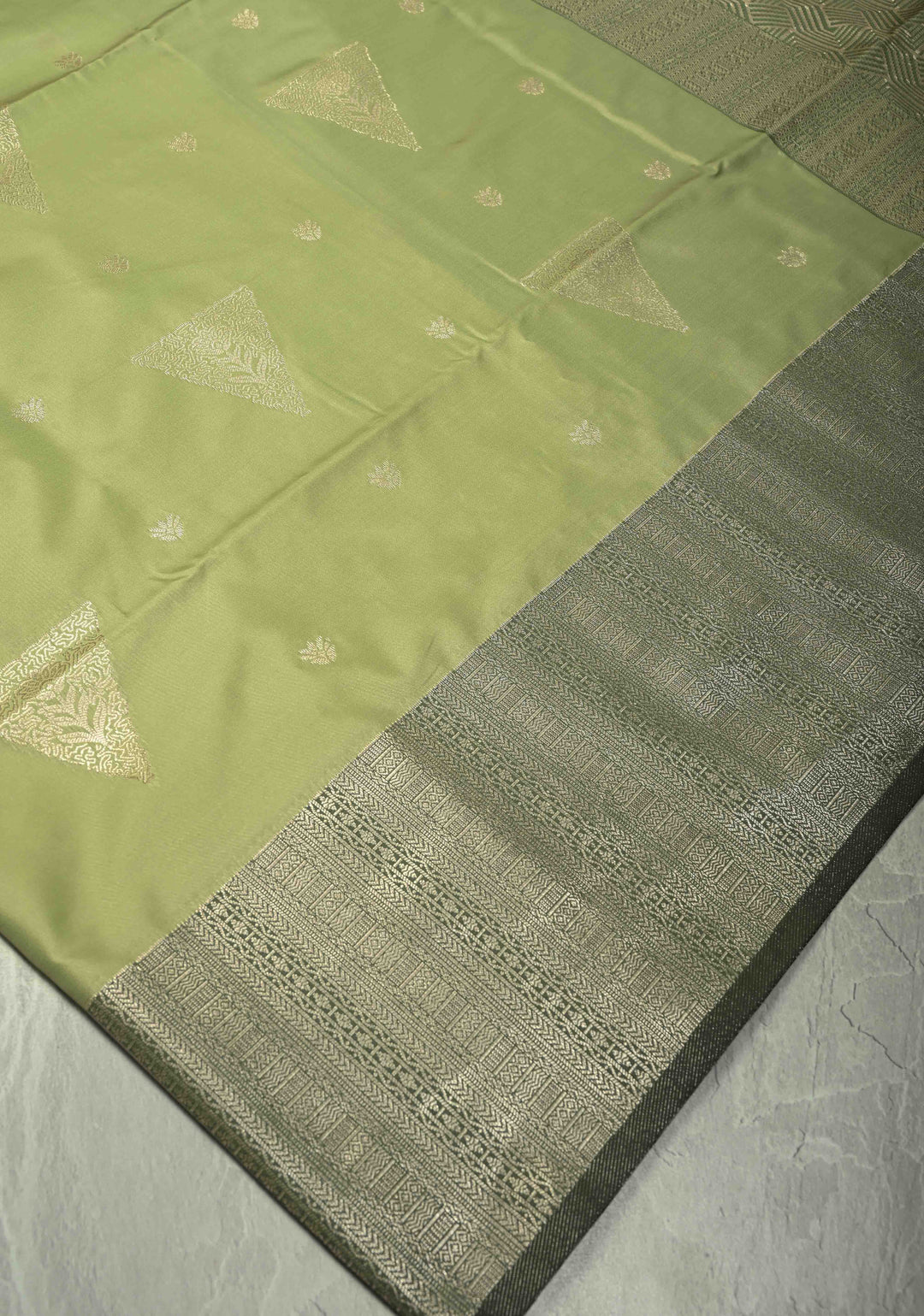 Pista Green Dual Tone Kanchi Semi Silk Saree with Silver Zari Buttas  and Contrast Wide Zari Border