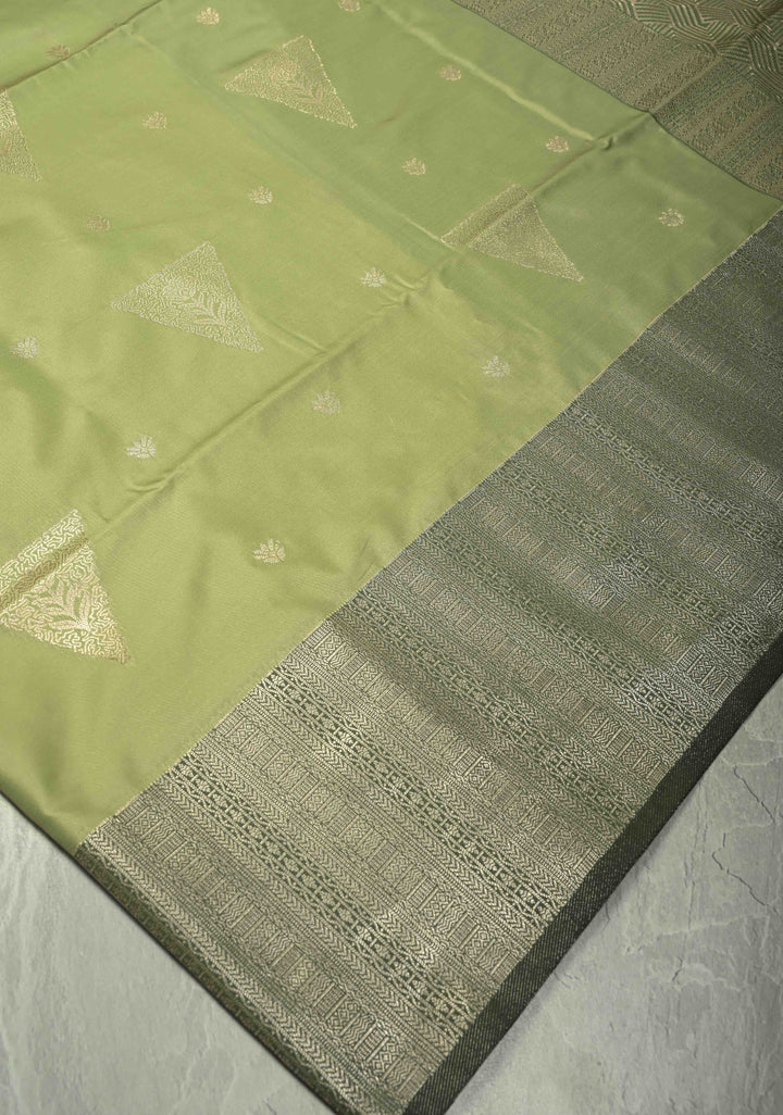 Pista Green Dual Tone Kanchi Semi Silk Saree with Silver Zari Buttas  and Contrast Wide Zari Border
