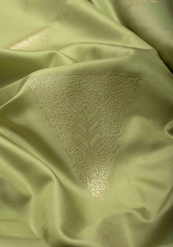 Pista Green Dual Tone Kanchi Semi Silk Saree with Silver Zari Buttas  and Contrast Wide Zari Border