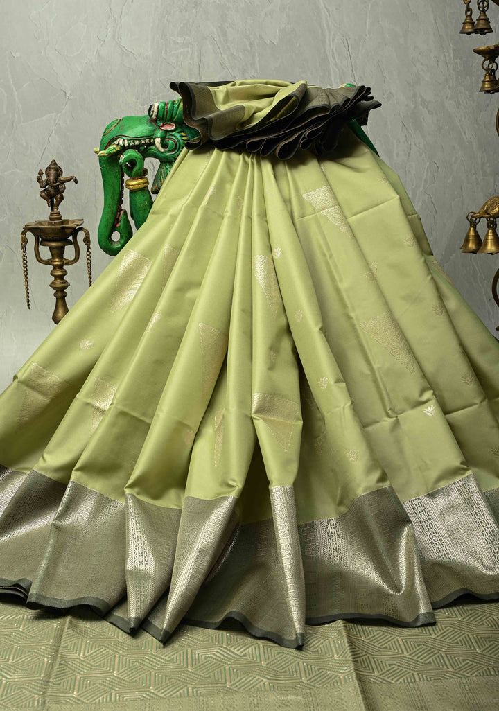 Pista Green Dual Tone Kanchi Semi Silk Saree with Silver Zari Buttas  and Contrast Wide Zari Border