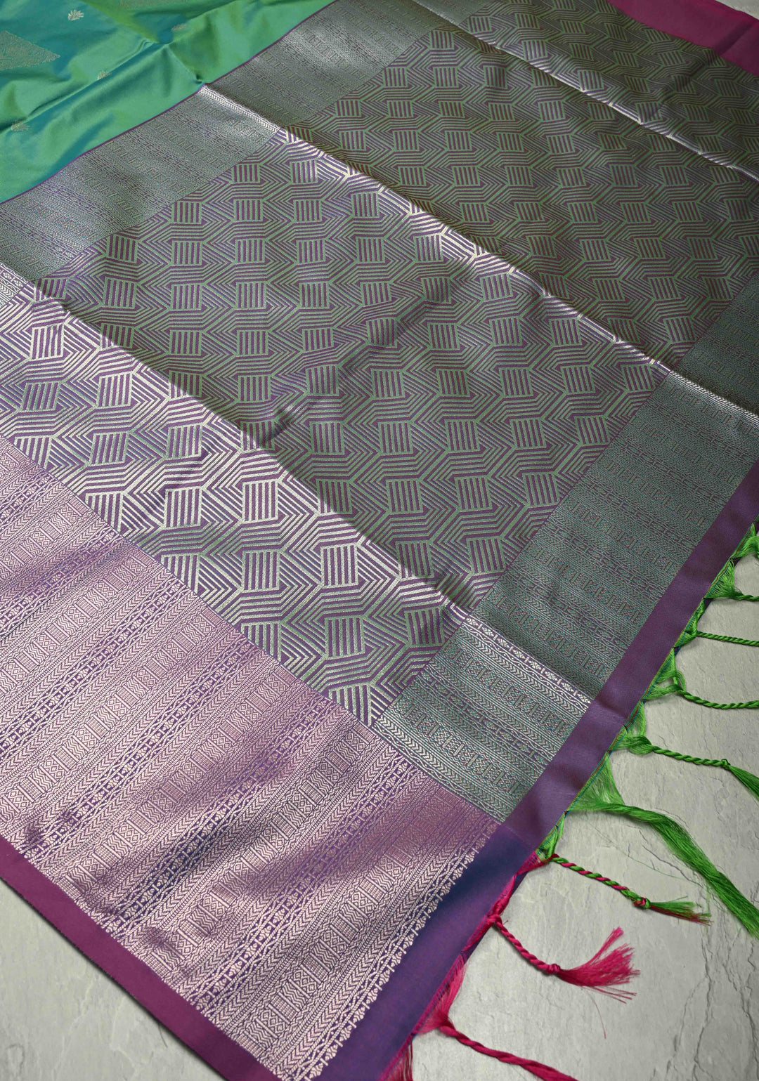 Spring Green Dual Tone Kanchi Semi Silk Saree with Silver Zari Buttas  and Contrast Wide Zari Border